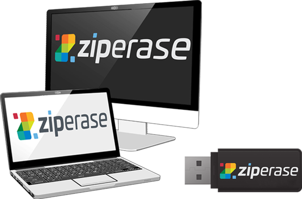 desktop computer, laptop computer and usb drive all with Ziperase logo on their screens