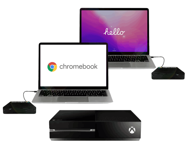 A MacBook and Chromebook laptops with a game console.
