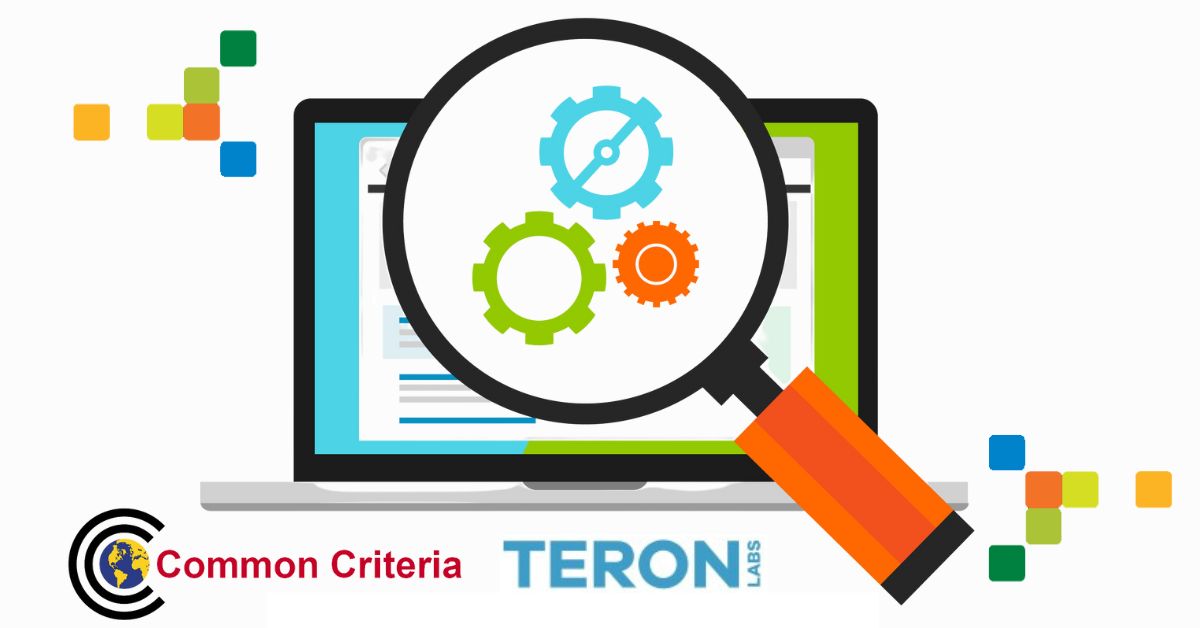The logo for Common Criteria and TERON labs with Ziperase brand motifs and illustration of laptop with magnifying glass.