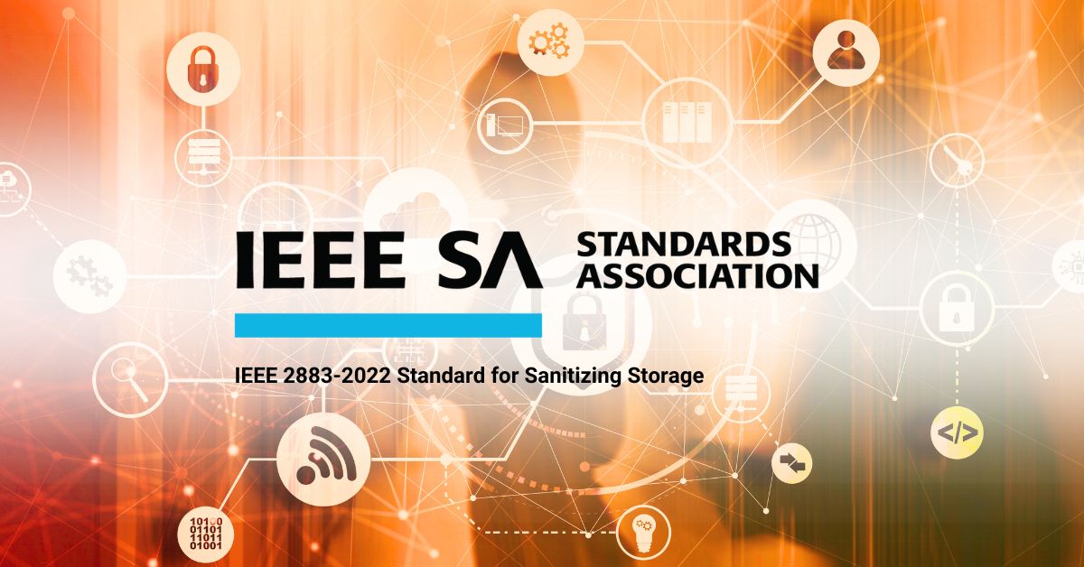 The logo for the IEEE SA Standards Association with data security, data privacy and data erasure symbols on an orange background.