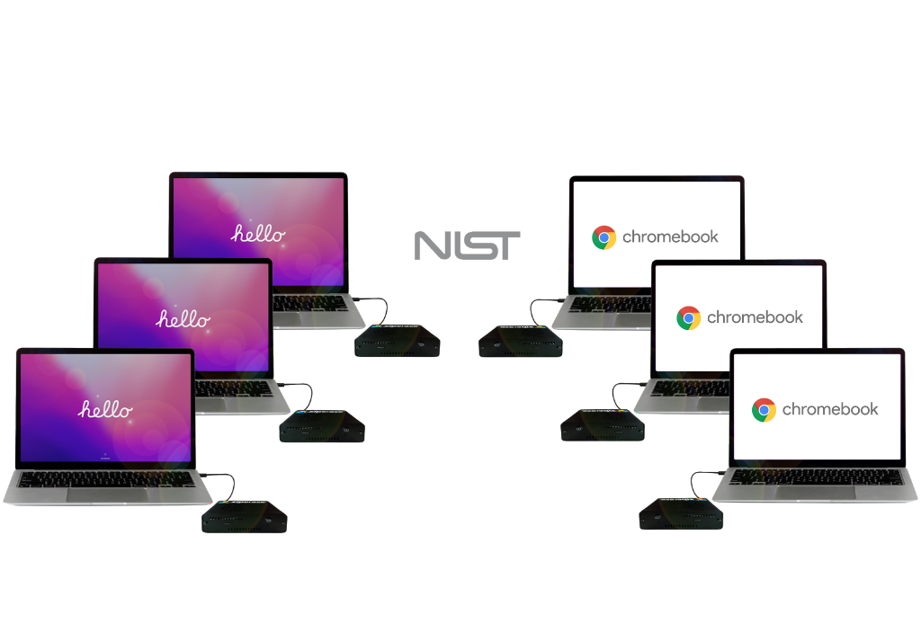 Macbooks and Chromebooks with Device Links connected and NIST logo.