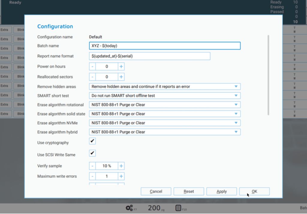 Screenshot of Ziperase configuration settings