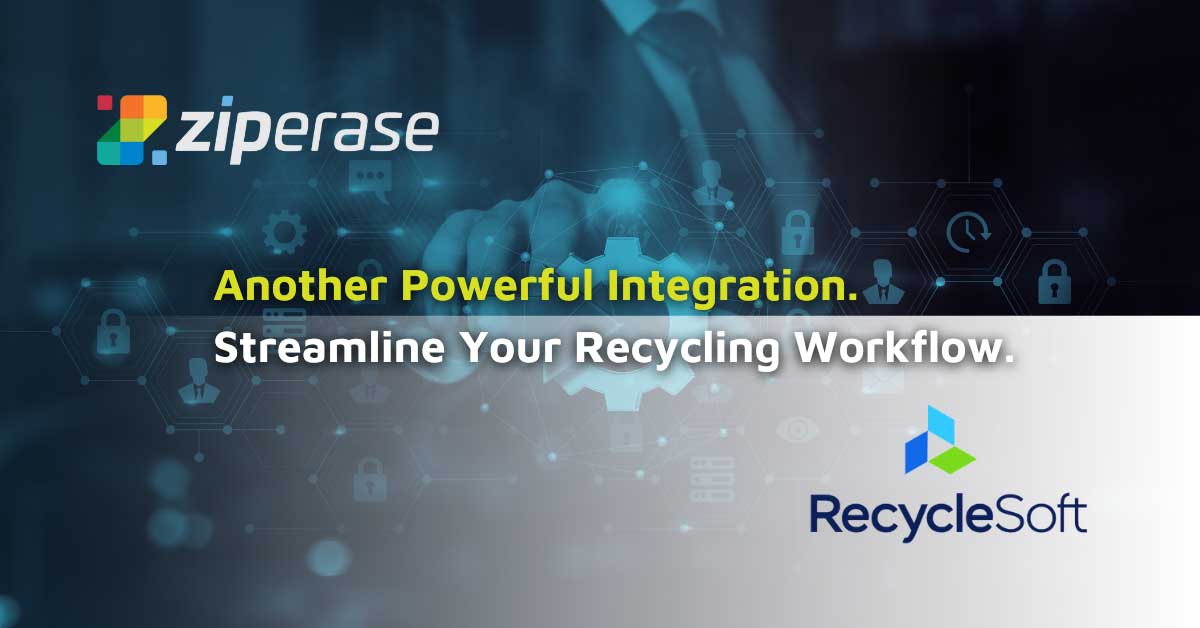 Ziperase & Recyclesoft logos, icons showing integrated recycling workflow