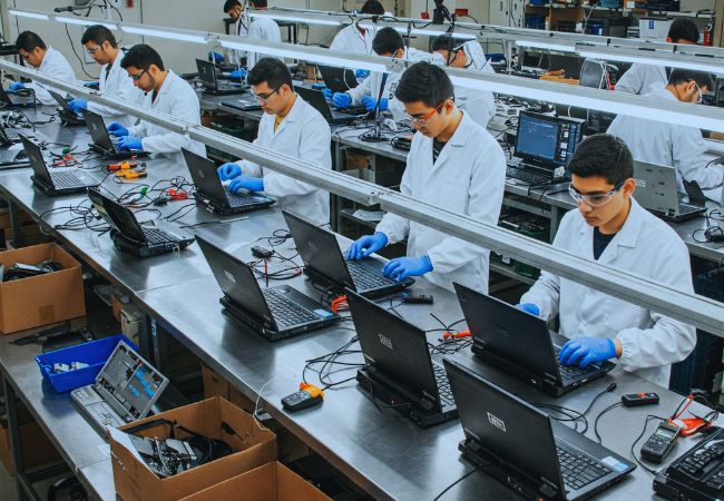 a group of technicians working on laptops in an ITAD facility