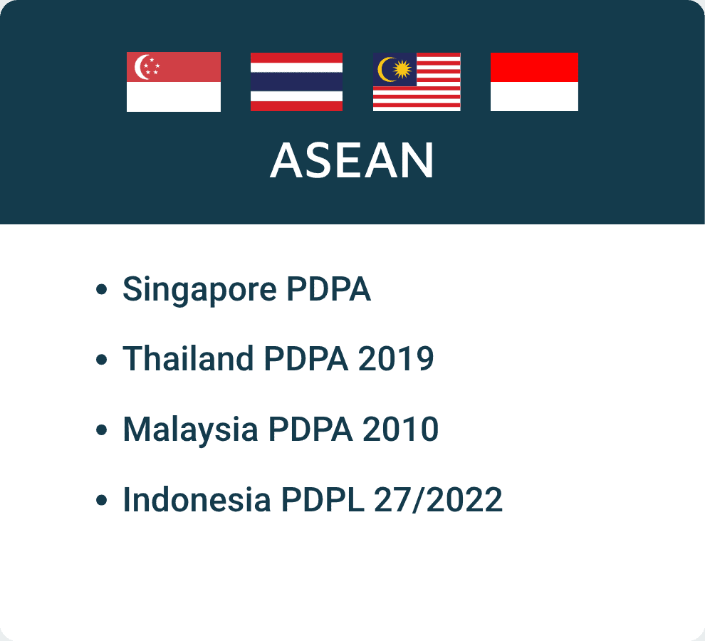 ASEAN: - Singapore PDPA - Thailand PDPA 2019 - Malaysia PDPA 2010 - Indonesia PDPL 27/2022