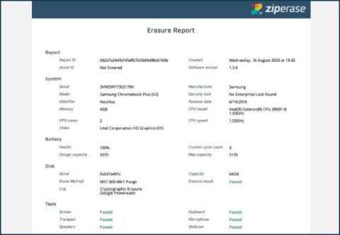 Erasure and test report from Device Link for Chromebooks