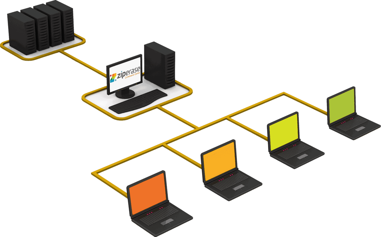 graphic showing server connected to a central computer which is connected to multiple laptops