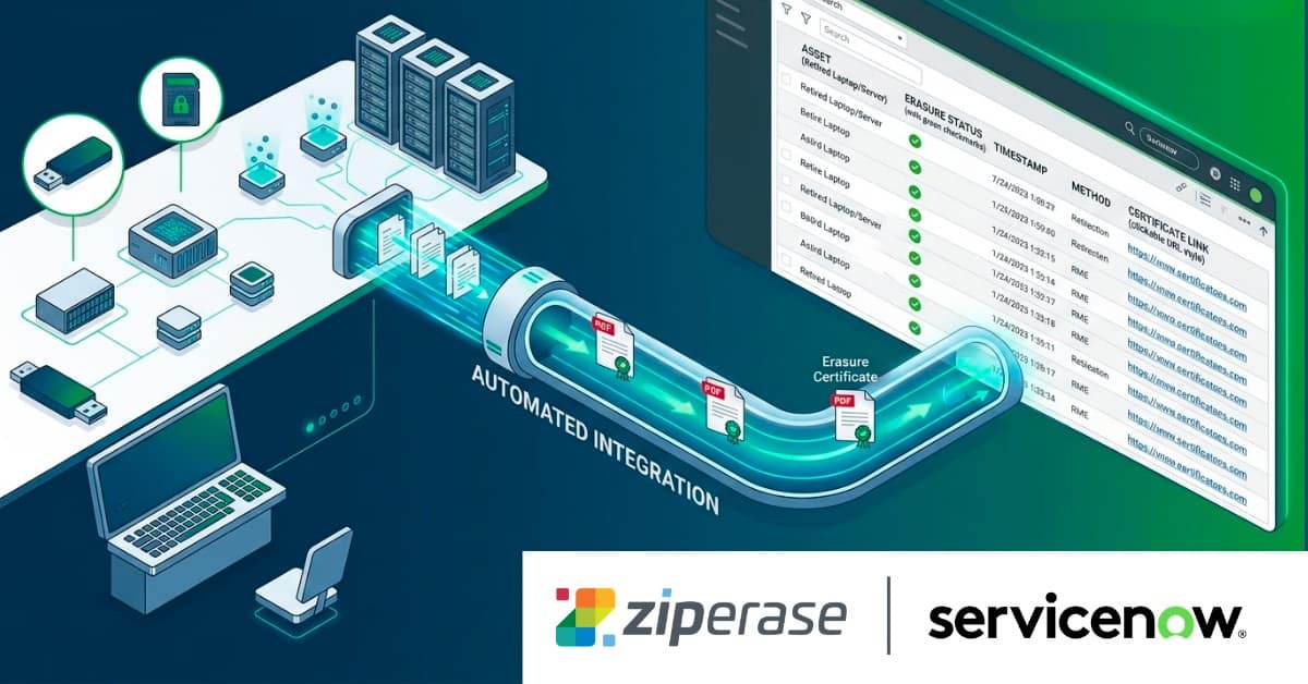 An illustration depicting automated integration with servers, USB drives, and a laptop connected to a digital pipeline that processes documents into a web interface.
