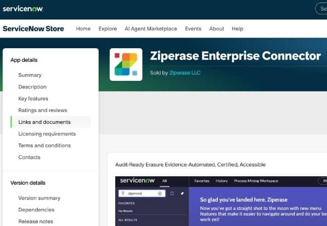 The ServiceNow Store page for Ziperase Enterprise Connector, with "Links and documents" highlighted in the left navigation pane.