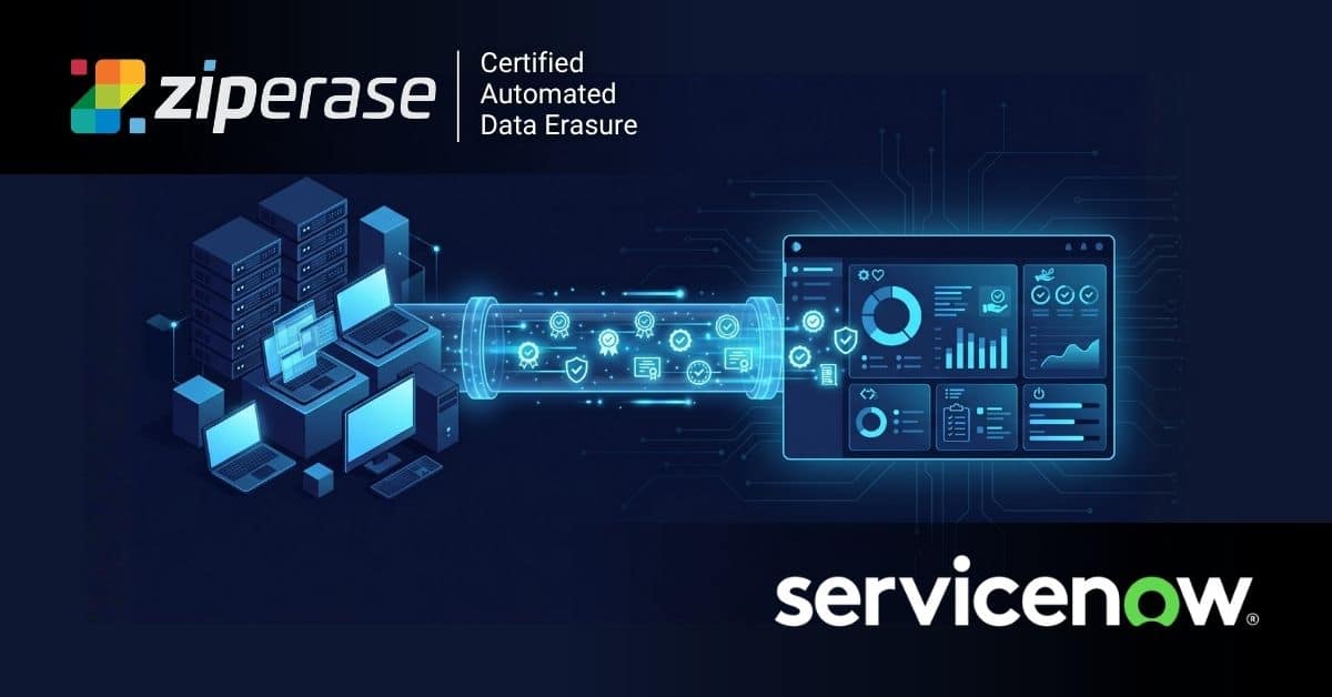 Digital illustration showing servers and laptops connected through a glowing blue pipe filled with security icons, leading to a dashboard displaying charts and graphs.