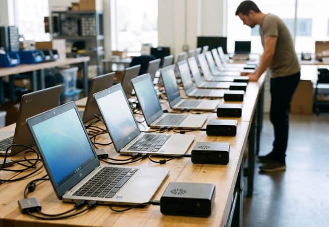 a row of laptops and device link appliances on a workbench