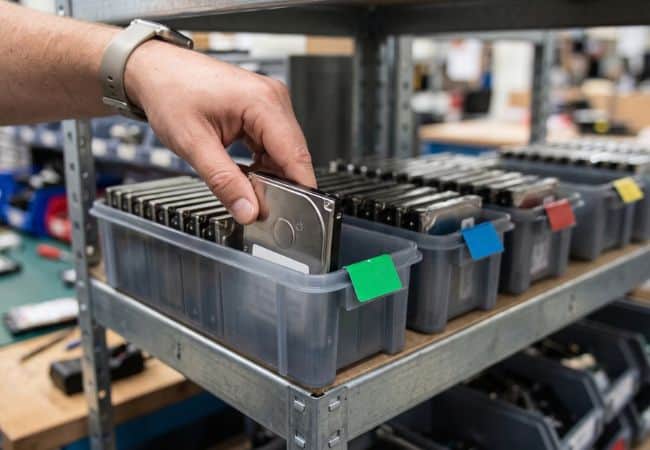 a worker’s hand reaches into a metal tray of labeled plastic parts bins, holding a small dark component in a workshop with rows of similar bins and tools in the background