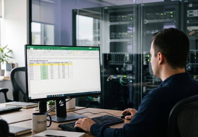 an it professional seated at a desk using a keyboard and mouse while viewing a spreadsheet on a monitor, with server racks and blinking indicator lights in the glass walled background