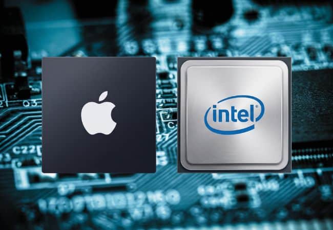 close up of a blue lit computer circuit board with an apple silicon chip and an intel chip superimposed