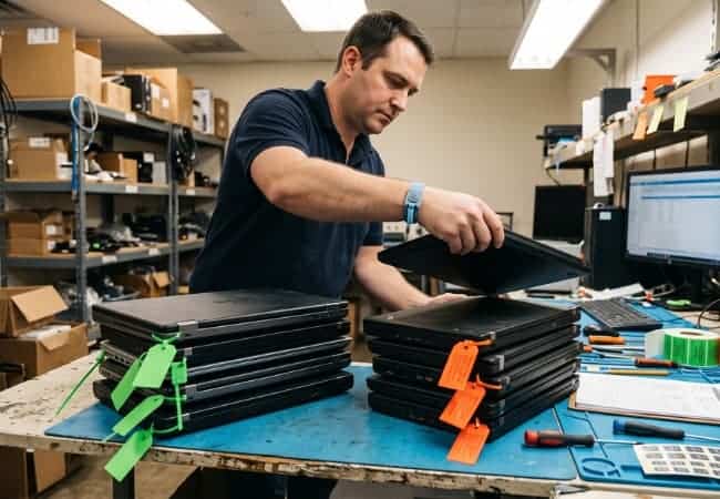 it tech assembling laptops on a workbench, using orange and green tags, with shelves of boxes and computers in the background