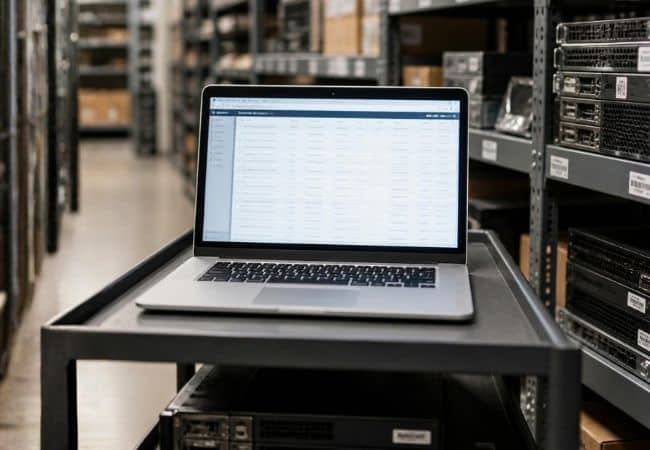laptop on a cart in a warehouse aisle, displaying a spreadsheet, with shelves of server equipment.