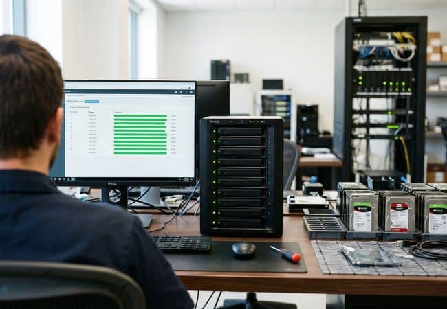 person seated at a computer workstation with a monitor showing a green bar chart, surrounded by server racks, storage drives, and cables in a modern data center office