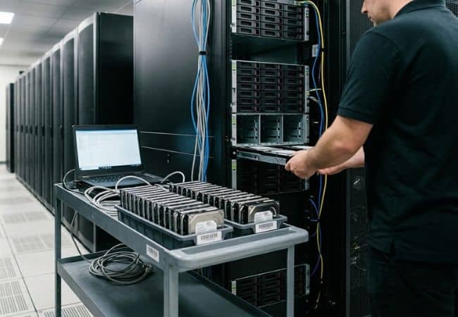 server room with rows of racks and a technician installing or connecting cables at a network cabinet