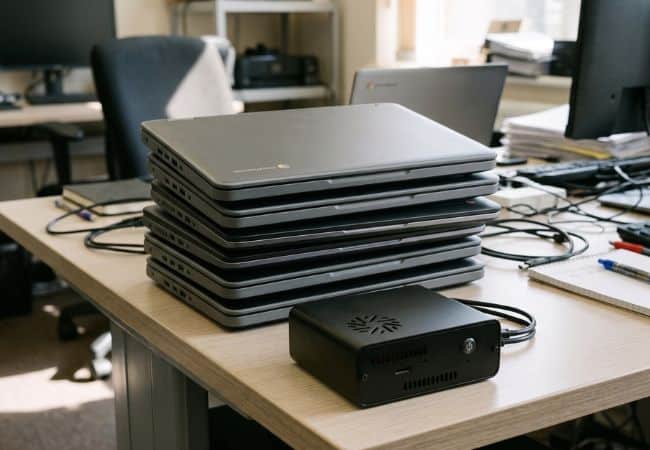 stack of chromebooks with a device link on a work desk