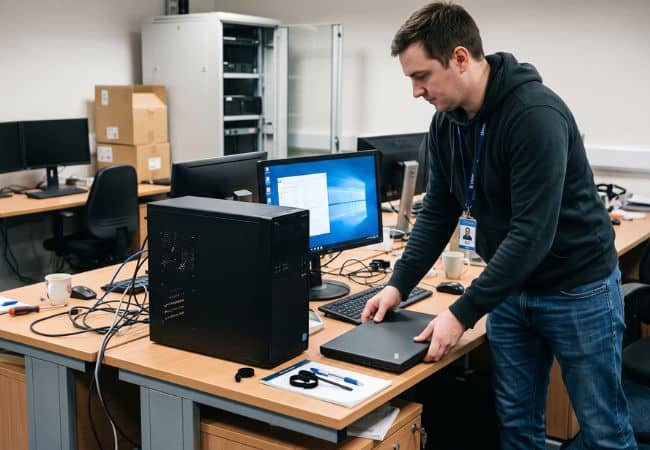 technician at a computer station in a modern office, placing a laptop on a desk