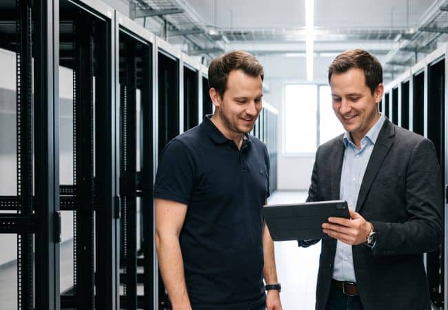 two men in a server room review information on a tablet with modern data center background