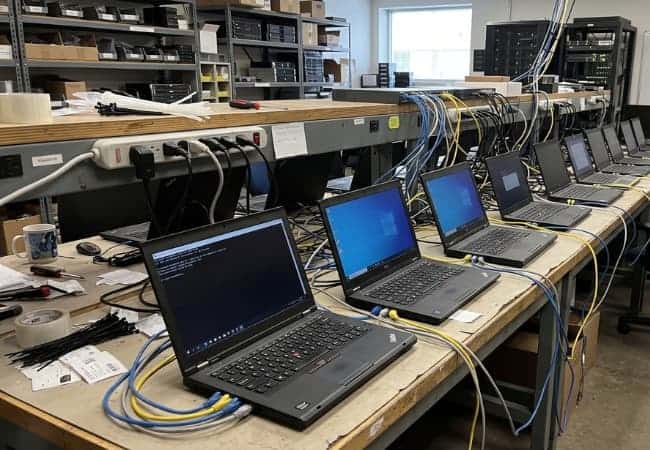 workbench in an it workspace, with a row of open laptops connected by network cables
