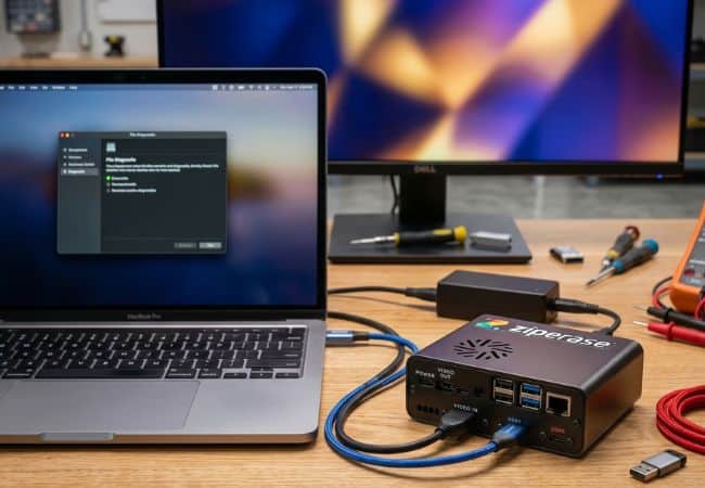ziperase device link connected to macbook on a workbench
